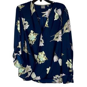 New York & Company Floral Blouse - Navy and White